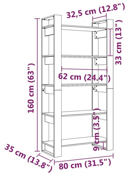 Szürke tömör fa könyvszekrény/térelválasztó 80 x 35 x 160 cm
