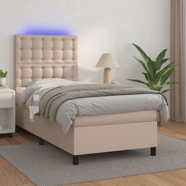 VidaXL cappuccino színű műbőr rugós ágy matraccal és LED-del 100x200cm