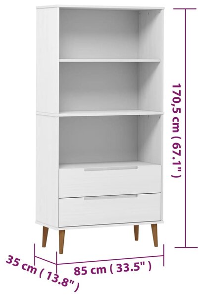 MOLDE fehér tömör fenyőfa könyvszekrény 85 x 35 x 170,5 cm