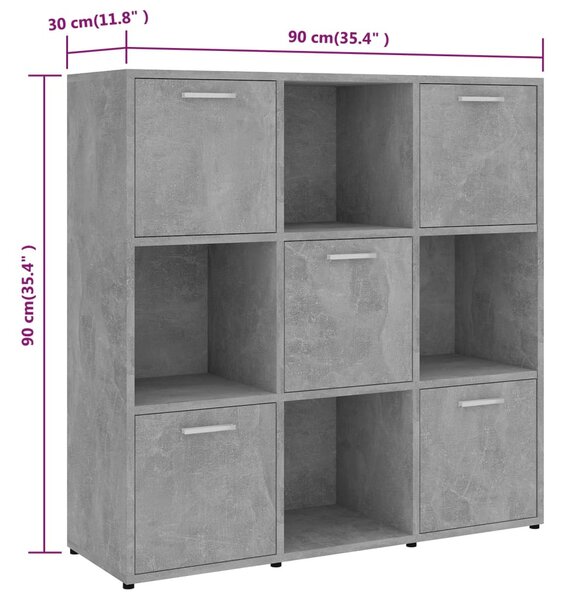 Betonszürke szerelt fa könyvszekrény 90 x 30 x 90 cm