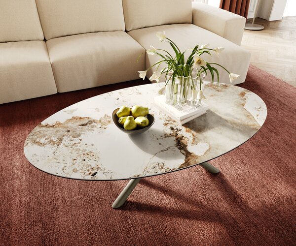 DELIFE Dohányzóasztal Edge ovális 140x80 cm kerámia Minas Melange Sarity fém titán színű effektfinish