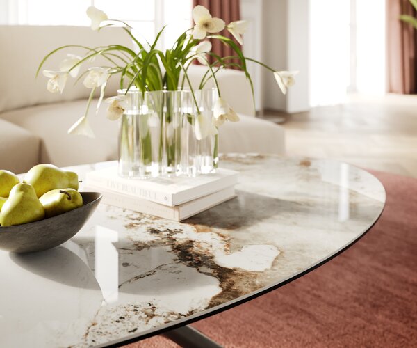 DELIFE Dohányzóasztal Edge ovális 140x80 cm kerámia Minas Melange Sarity fém titán színű effektfinish