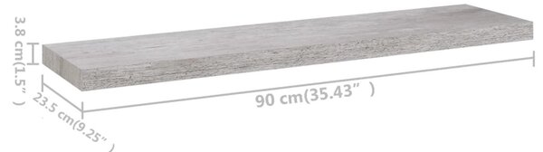 4 db betonszürke MDF lebegő fali polc 90 x 23,5 x 3,8 cm