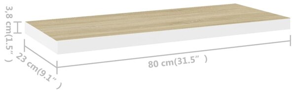 2 db tölgyszínű és fehér MDF lebegő fali polc 80x23,5x3,8 cm