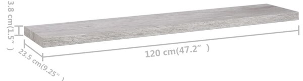 Betonszürke MDF lebegő fali polc 120 x 23,5 x 3,8 cm