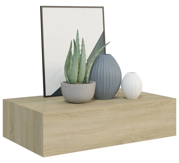 2 db tölgyszínű MDF falra szerelhető fiókos polc 40x23,5x10 cm