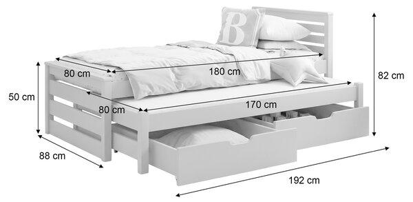 CALVIN fa ágy pótággyal és ágyneműtartóval 80x180 - borovi fenyő