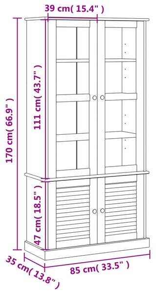VIGO fehér üvegvitrines tömör fenyőszekrény 85x35x170 cm
