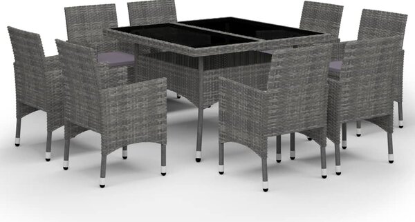 9 részes szürke polyrattan és üveg kerti étkezőgarnitúra