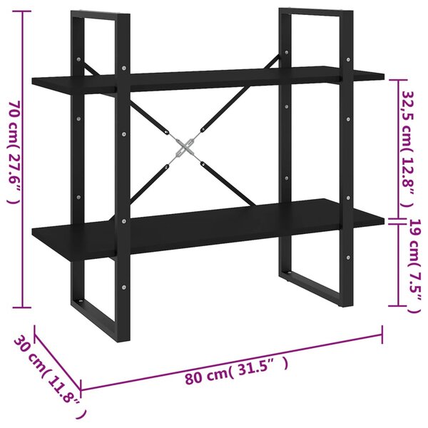 2-szintes fekete szerelt fa könyvszekrény 80 x 30 x 70 cm