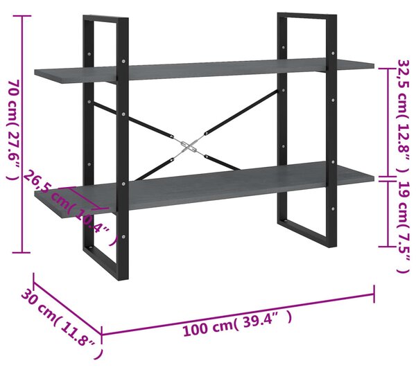 Kétszintes szürke tömör fenyőfa könyvszekrény 100 x 30 x 70 cm