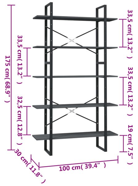 Ötszintes szürke fenyőfa könyvszekrény 100 x 30 x 175 cm