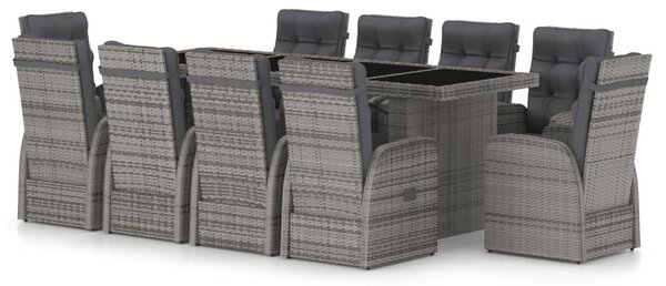 11 részes szürke polyrattan kültéri étkezőszett párnákkal