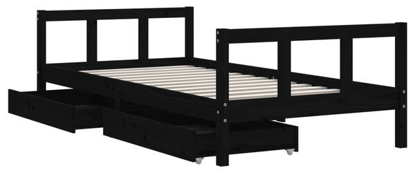 Fekete tömör fenyőfa gyerekágy keret fiókkal 90x190 cm