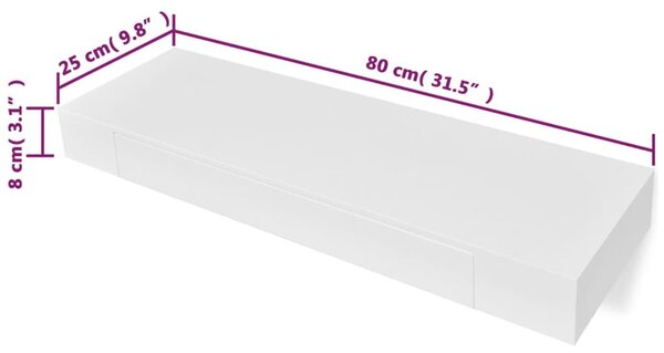 2 db fehér lebegő fali polc fiókkal 80 cm