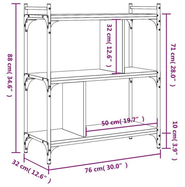 3 szintes fekete szerelt fa könyvespolc 76 x 32 x 88 cm