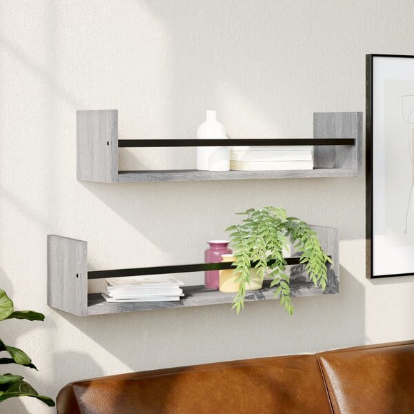 VidaXL 2 db szürke sonoma színű fali polc rúddal 60 x 16 x 14 cm