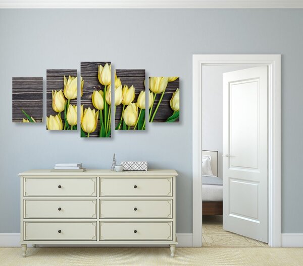 5 részes kép csodálatos sárga tulipánok fa felületen