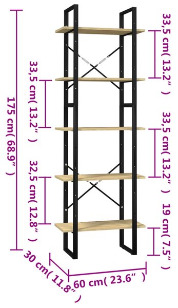 Ötszintes fenyőfa könyvszekrény 60 x 30 x 175 cm