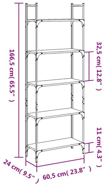 5 szintes szürke sonoma szerelt fa könyvespolc 60,5x24x166,5 cm