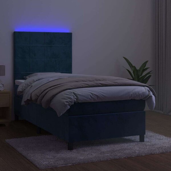 VidaXL sötétkék bársony rugós és LED-es ágy matraccal 90x190 cm