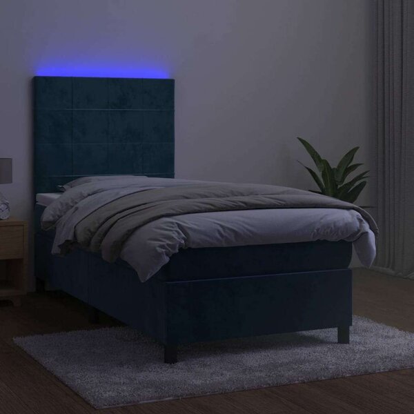 VidaXL sötétkék bársony rugós és LED-es ágy matraccal 90x190 cm