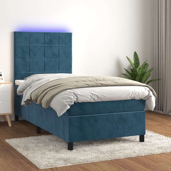 VidaXL sötétkék bársony rugós és LED-es ágy matraccal 90x190 cm