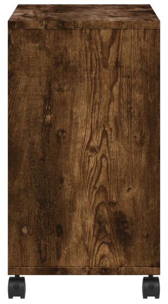 Füstös tölgy színű szerelt fa kisasztal kerekekkel 50x30x55 cm