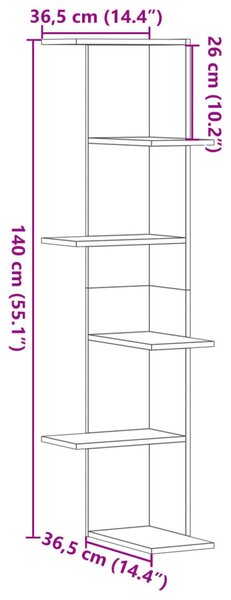 Füstös tölgy szerelt fa fali sarokpolc 36,5 x 36,5 x 140 cm