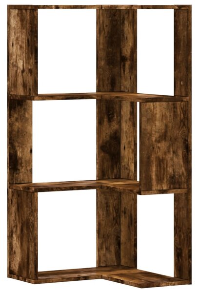 3 szintes füstös tölgy szerelt fa sarok könyvespolc 50x50x102cm