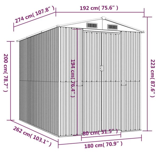 VidaXL kerti fészer 192 x 274 x 223 cm, antracitszürke, horganyzott acél