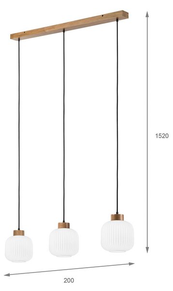 Lamkur Harmony függőlámpa, hossza 110 cm, opálüveg, tölgyfa, 3-lámpás., dimmelhető, Fehér / opál, Nappali / Étkező, Üveg, Skandináv