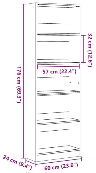 Betonszürke szerelt fa könyvespolc 60 x 24 x 176 cm