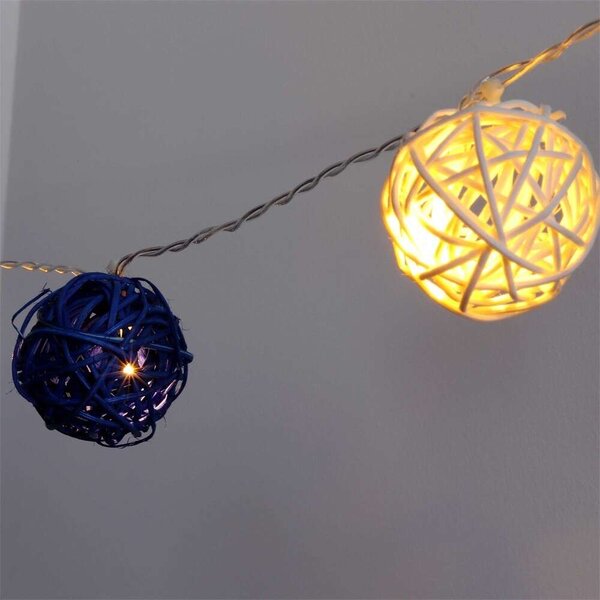 Iris Gömb alakú fonott/rattan/4m/fehér + kék/20db LED-es/3xAA ele