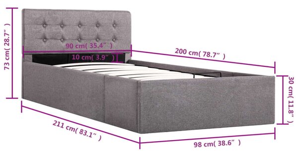 VidaXL tópszínű szövet ágykeret hidraulikus tárolóval 90 x 200 cm