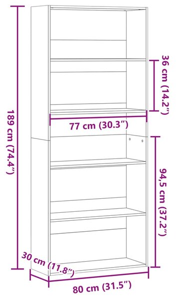 Antik fa színű szerelt fa könyvszekrény 80 x 30 x 189 cm