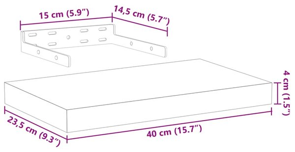 4 db szerelt fa függőpolc 40 x 23,5 x 4 cm