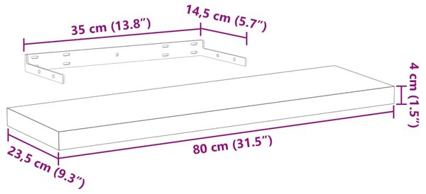4 db szerelt fa függőpolc 80 x 23,5 x 4 cm