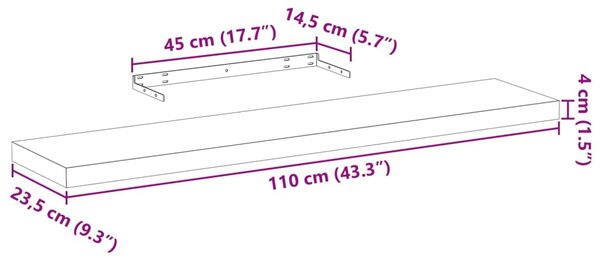 4 db szerelt fa függőpolc 110 x 23,5 x 4 cm