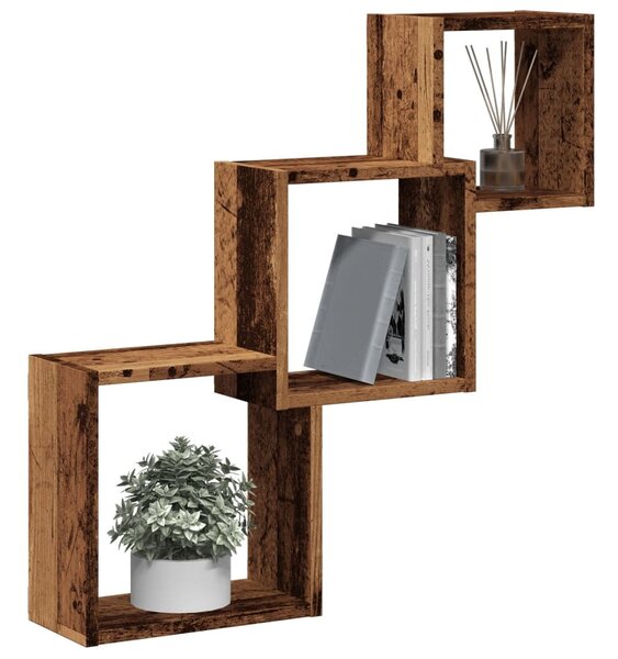 Antik fa színű szerelt fa fali kocka polcok 68x15x68 cm