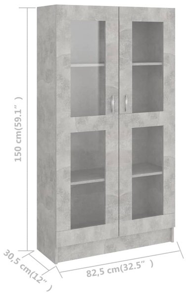 Betonszürke szerelt fa vitrinszekrény 82,5 x 30,5 x 150 cm
