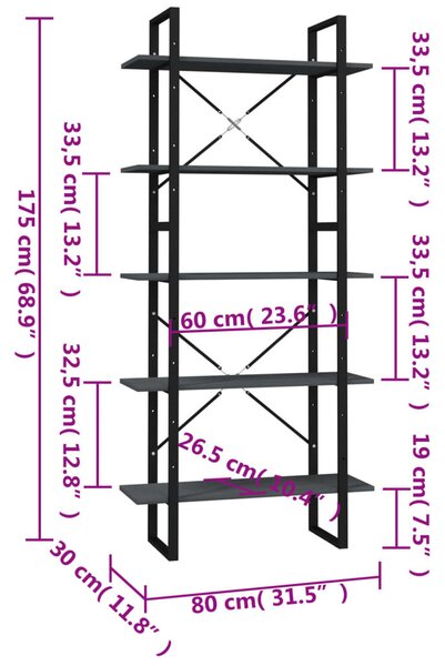 Ötszintes szürke fenyőfa könyvszekrény 80 x 30 x 175 cm