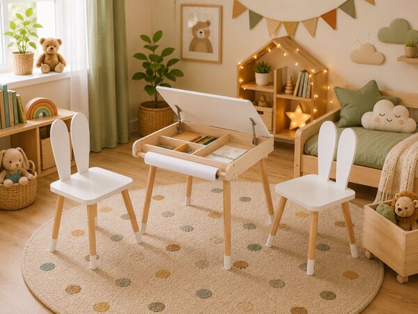 BUNNY gyermek növekvő szett, asztal és 2 szék, fehér/barna ELIS design