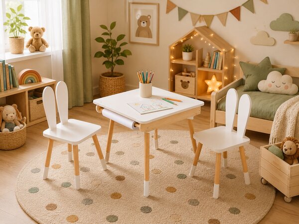 BUNNY gyermek növekvő szett, asztal és 2 szék, fehér/barna ELIS design