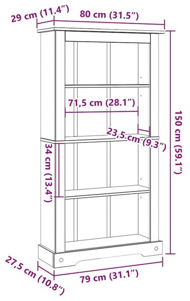 4 szintes Corona-stílusú mexikói fenyő könyvespolc 80x29x150 cm