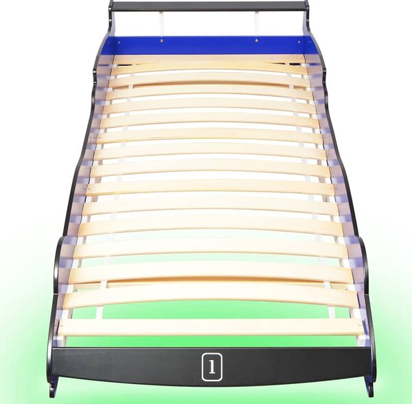 Kék versenyautó alakú LED-es gyerekágy 90 x 200 cm