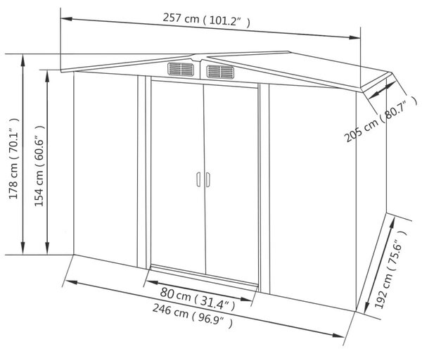 VidaXL szürke fém kerti fészer 257 x 205 x 178 cm