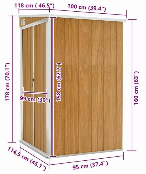 VidaXL barna acél falhoz erősíthető kerti fészer 118x100x178 cm