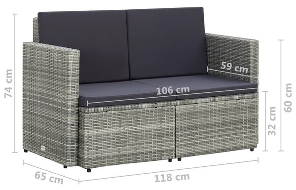 Szürke kétszemélyes polyrattan kerti kanapé párnákkal