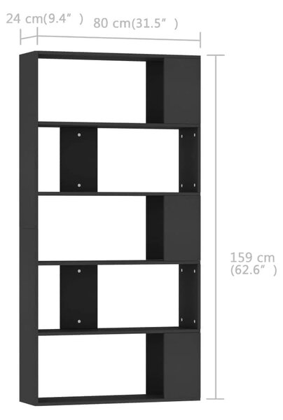 Fekete szerelt fa könyvszekrény/térelválasztó 80x24x159 cm